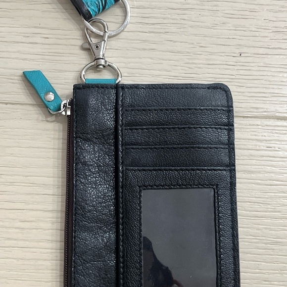 Unique Leather Card Wristlet Turquoise & Black Tooled Leather - Picture 4 of 8